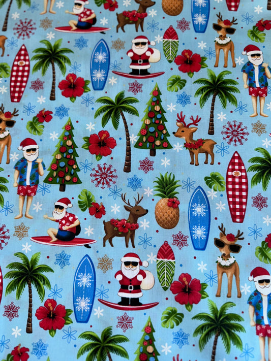 Sky Santa Surfing Cotton Fabric