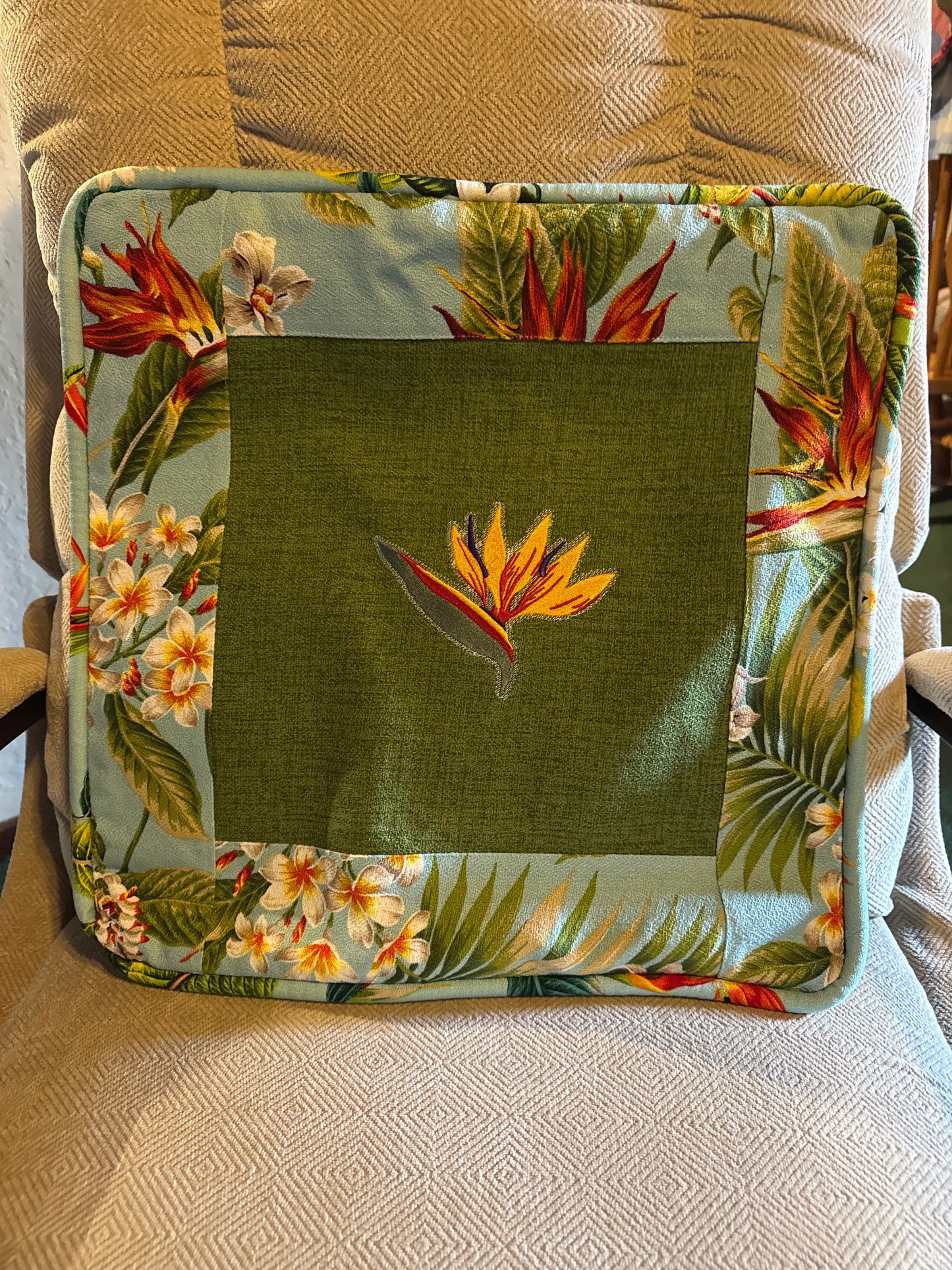 Bird of Paradise on Green Hawaiian Barkcloth Pillowcase