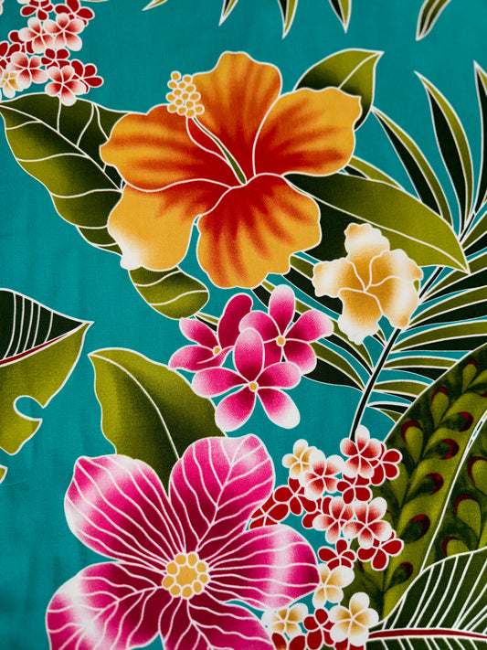 Teal Hibiscus Cotton Fabric