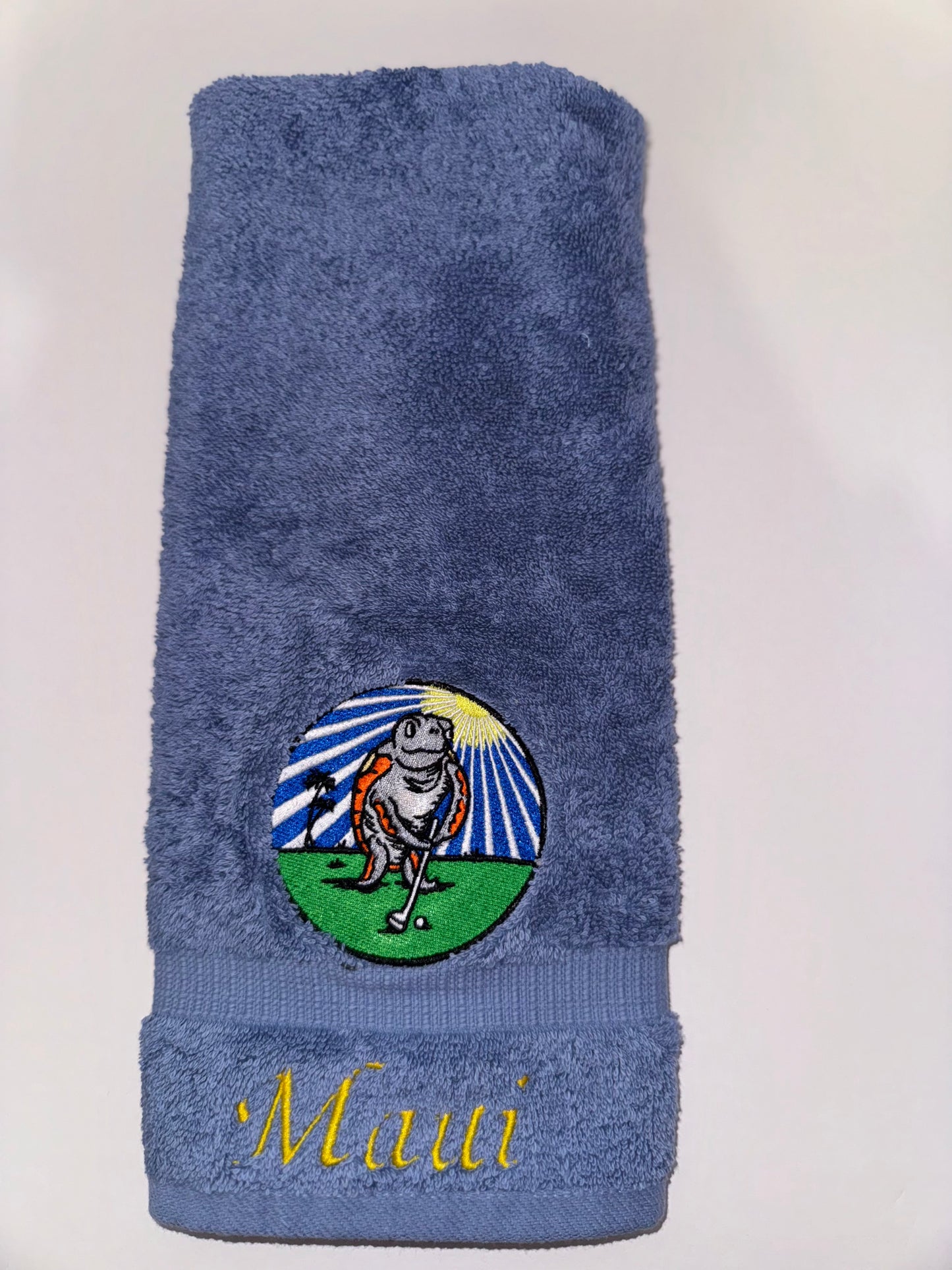 Turtle Golfer on Blue Golf Towel