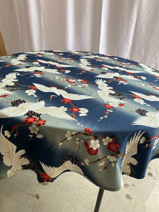 60"and 72" Blue Tsuru Round Hawaiian Barkcloth Tablecloths