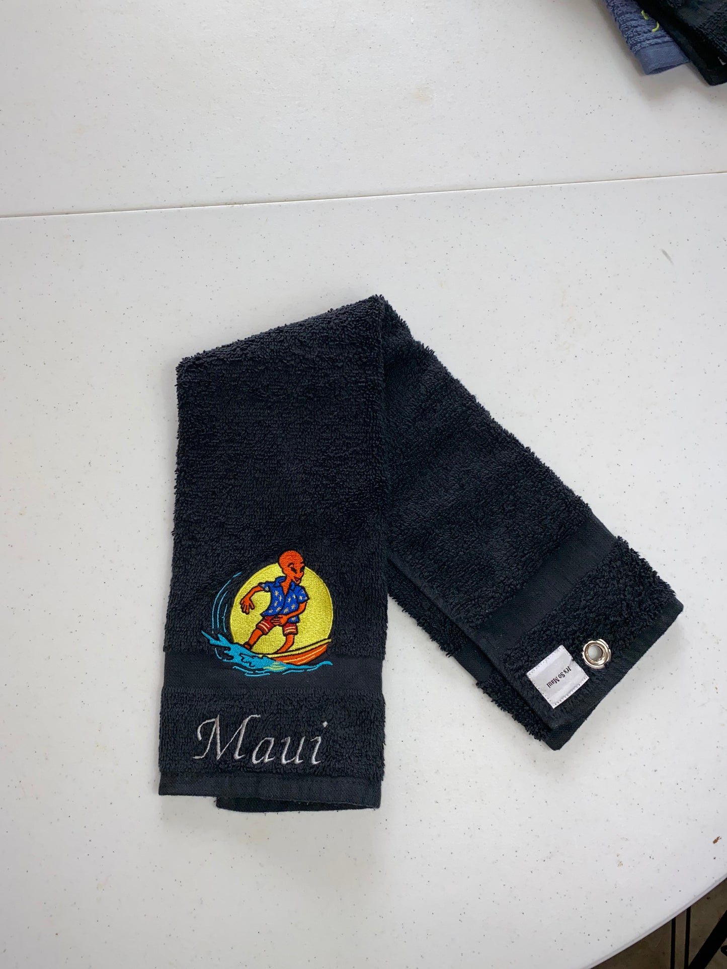 Alien Surfer on Black Golf Towel