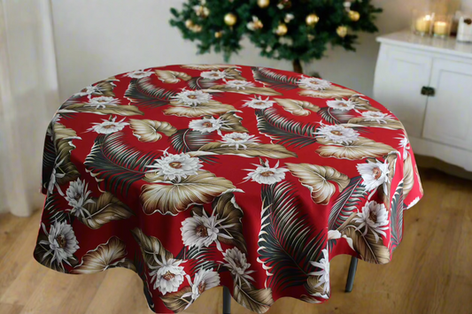 60"and 72" Red Night Blooming Round Hawaiian Barkcloth Tablecloths