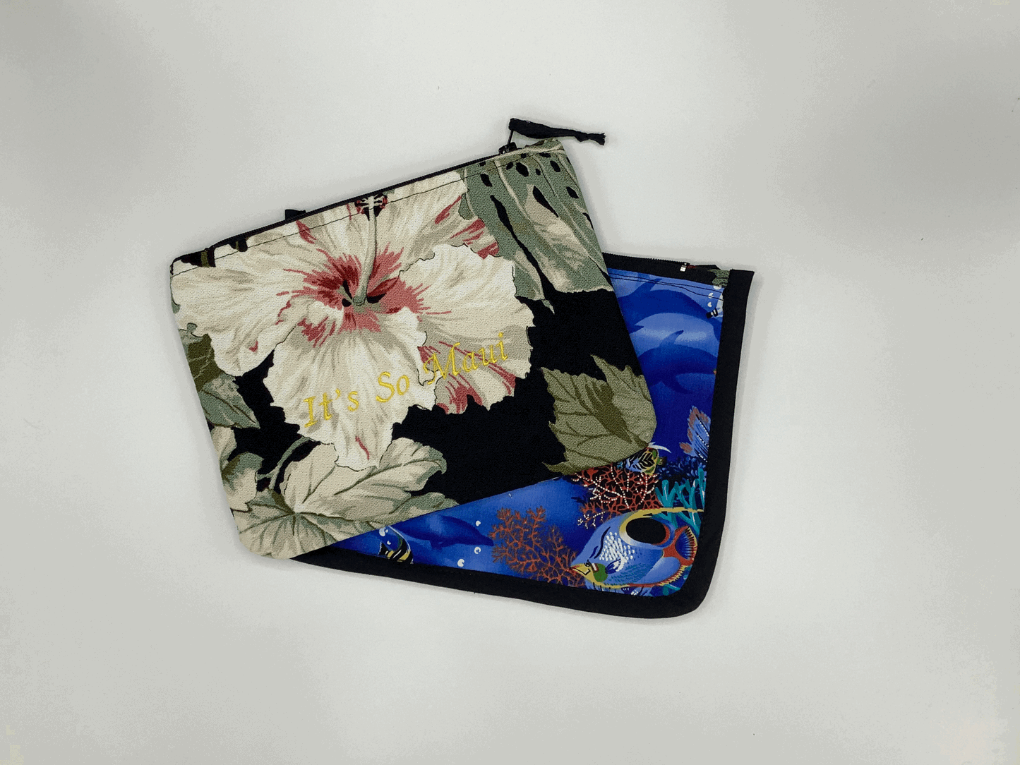 Black White Hibiscus Hawaiian Barkcloth Make-up Bags