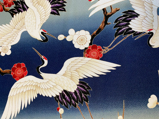 Blue Tsuru Hawaiian Barkcloth Upholstery Fabric