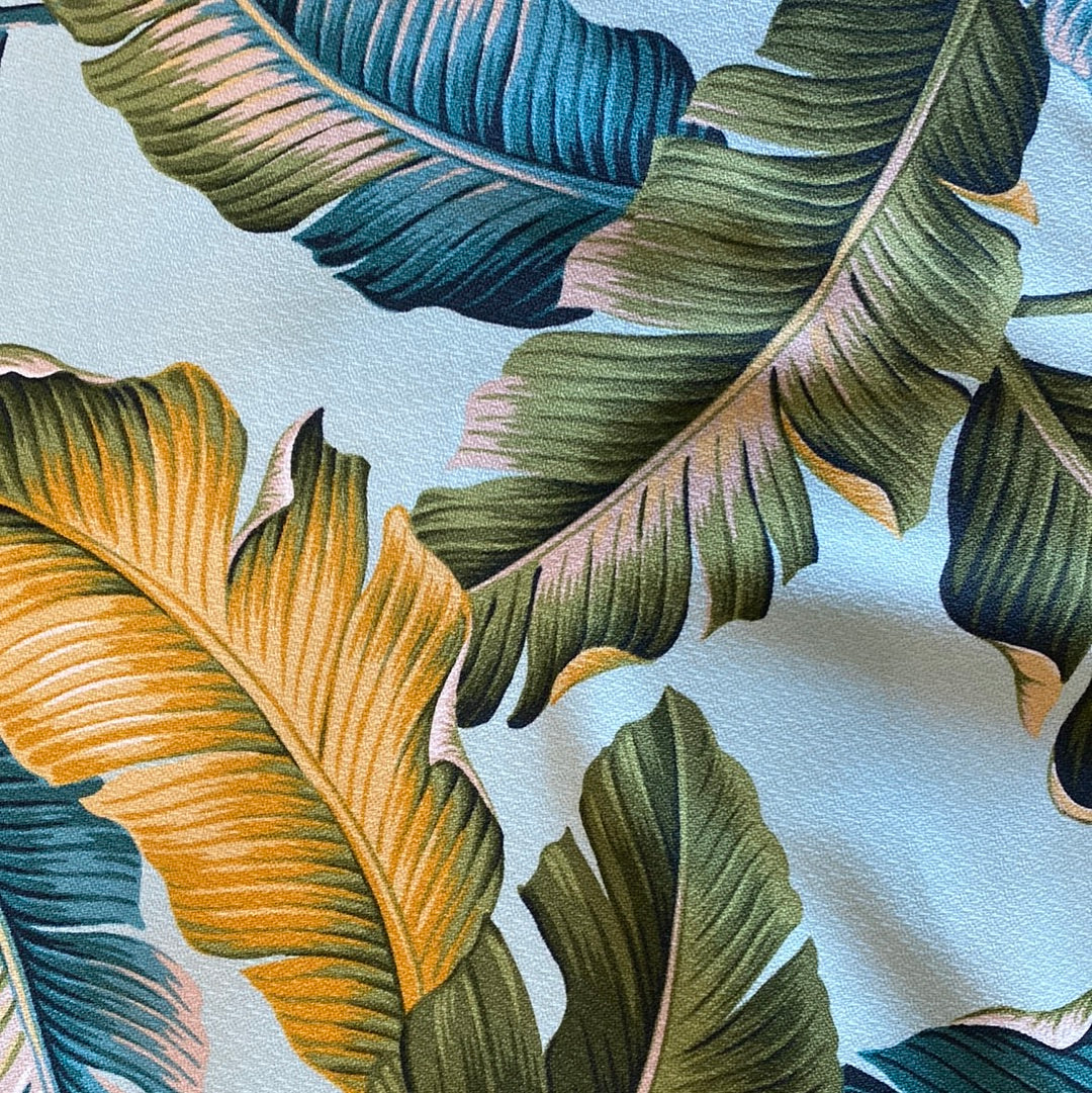 Aqua Banana Patch Hawaiian Barkcloth Upholstery Fabric