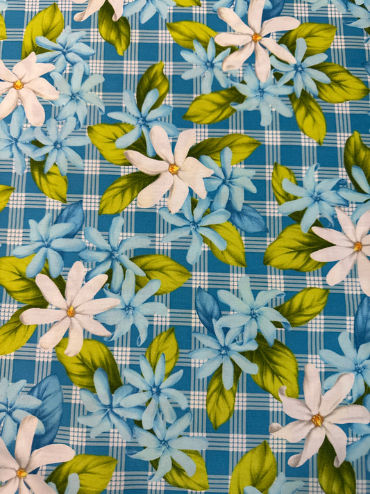 Turquoise Floral Palaka Cotton Fabric