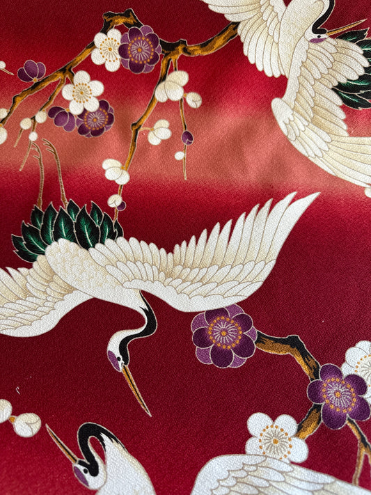 Red Tsuru  Hawaiian Barkcloth Upholstery Fabric