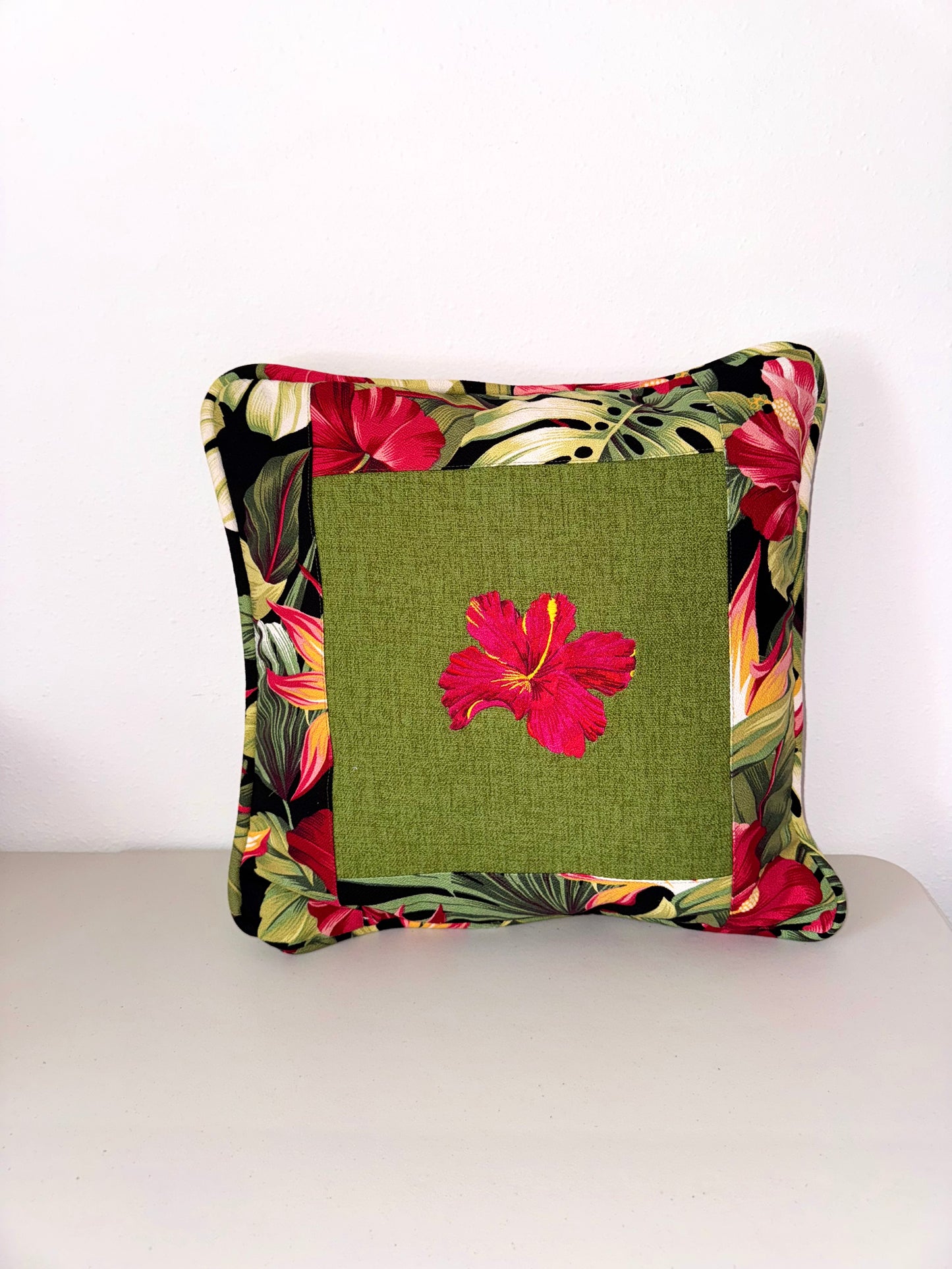 Red Hibiscus on Green Hawaiian Barkcloth Pillowcase