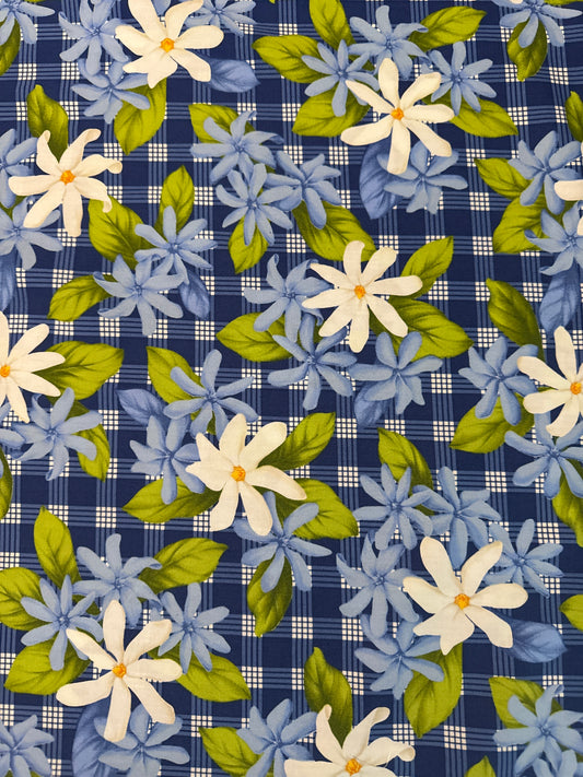 Blue Floral Palaka Cotton Fabric