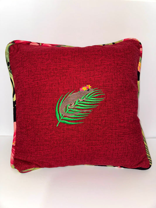 Red with Gecko on Palm Hawaiian Barkcloth Pillowcase