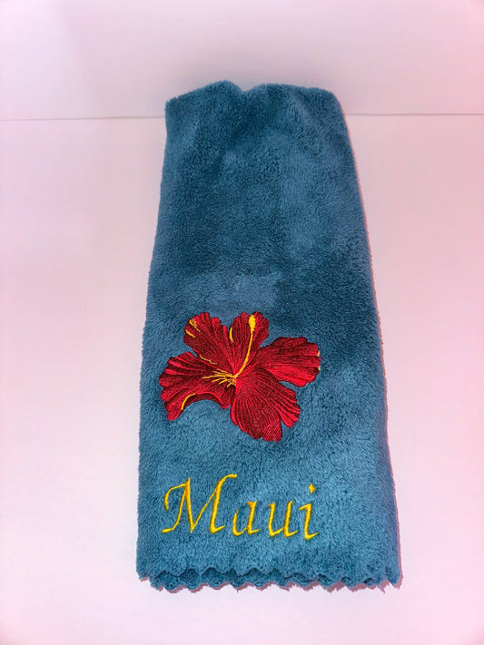 Red Hibiscus on Teal  Hand Towel