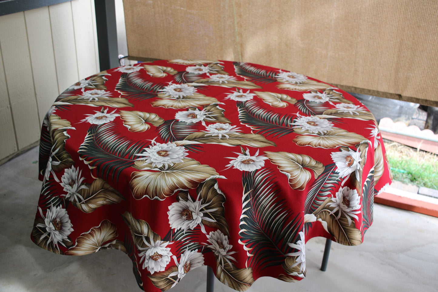 60"and 72" Red Night Blooming Round Hawaiian Barkcloth Tablecloths