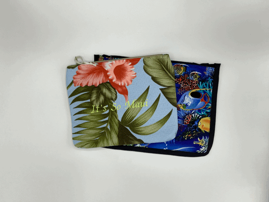 Blue Peach Orchid Hawaiian Barkcloth Make-up Bags